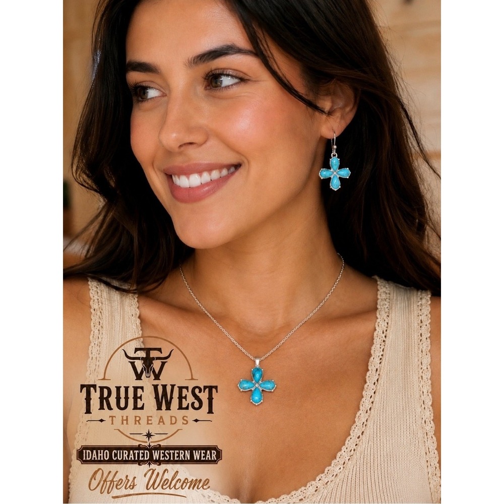 NWT Montana Silversmiths Turquoise Flower Cross Western Necklace & Earrings Set